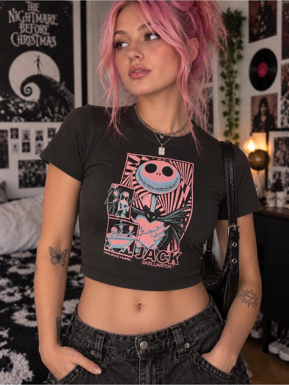 Hot Topic Black Crop Top with Pink & Light Blue Nightmare Graphic